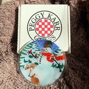 Peggy Karr glass plate snowman signed